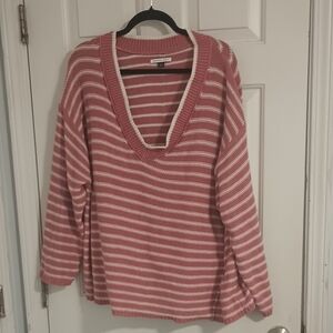 American Eagle Oversized Waffle Knit Stripe Sweater Cozy V Neck Size L/G